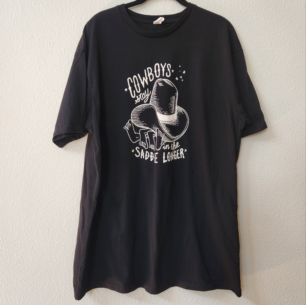 Woodsman Tavern "Cowboys Stay in the Saddle Longer" Black and White T shirt